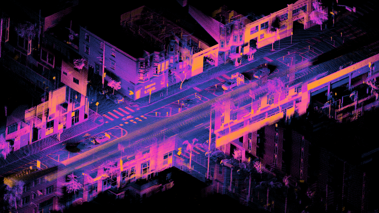 ภาพ point cloud ความละเอียดสูงของทางแยกในเมือง สร้างจากหัวสแกน LiDAR