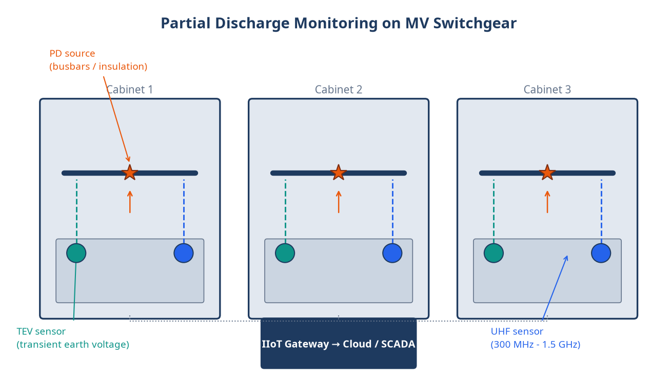 แผนภาพตำแหน่งติดตั้งเซ็นเซอร์ TEV และ UHF บนตู้สวิตช์เกียร์ MV